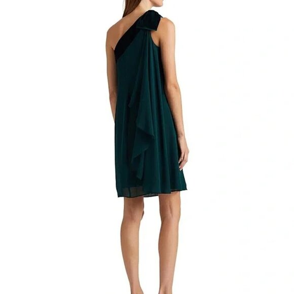 NEW Lauren Ralph Lauren Solid Green Chiffon Velvet One Shoulder Cocktail Dress - Picture 2 of 12